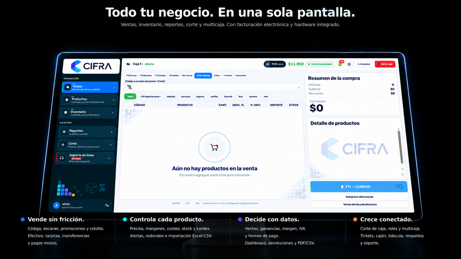 Todo tu negocio. En una sola pantalla. Ventas, inventario, corte y multicaja. Con facturación electrónica y hardware integrado.
