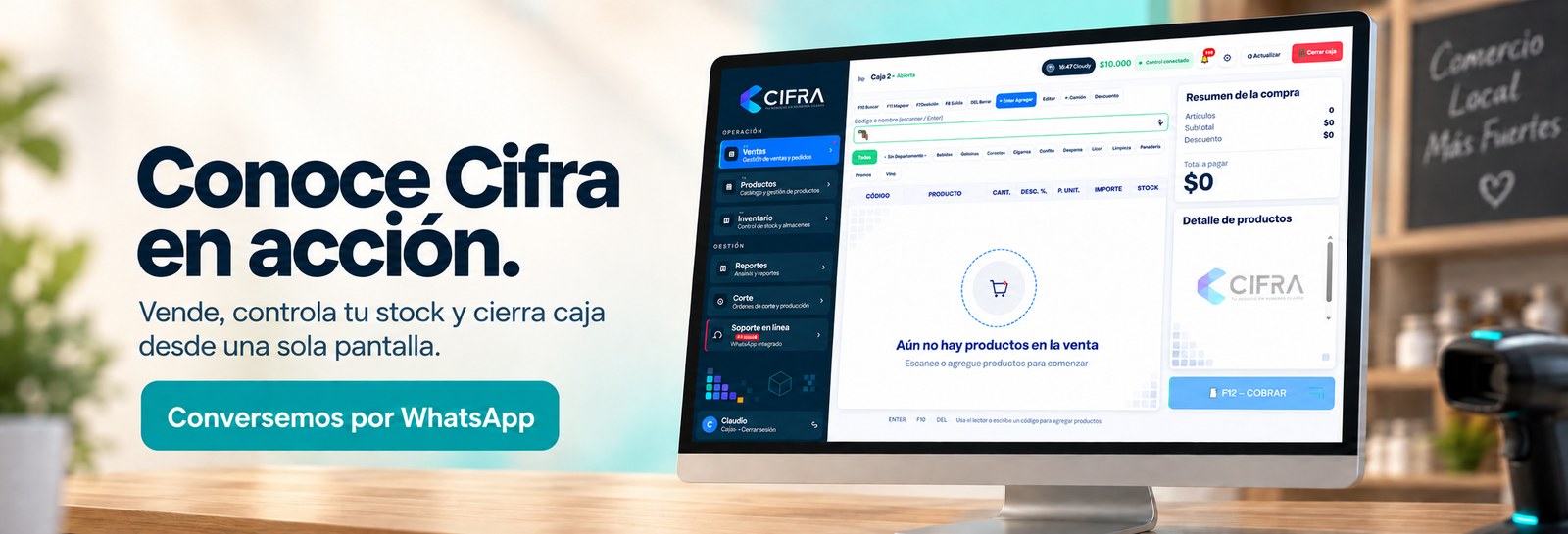 Conoce Cifra en acción. Vende, controla tu stock y cierra caja desde una sola pantalla.