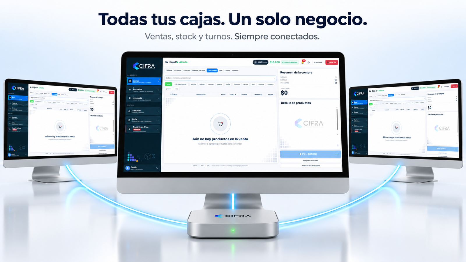 Todas tus cajas. Un solo negocio. Ventas, stock y turnos. Siempre conectados.
